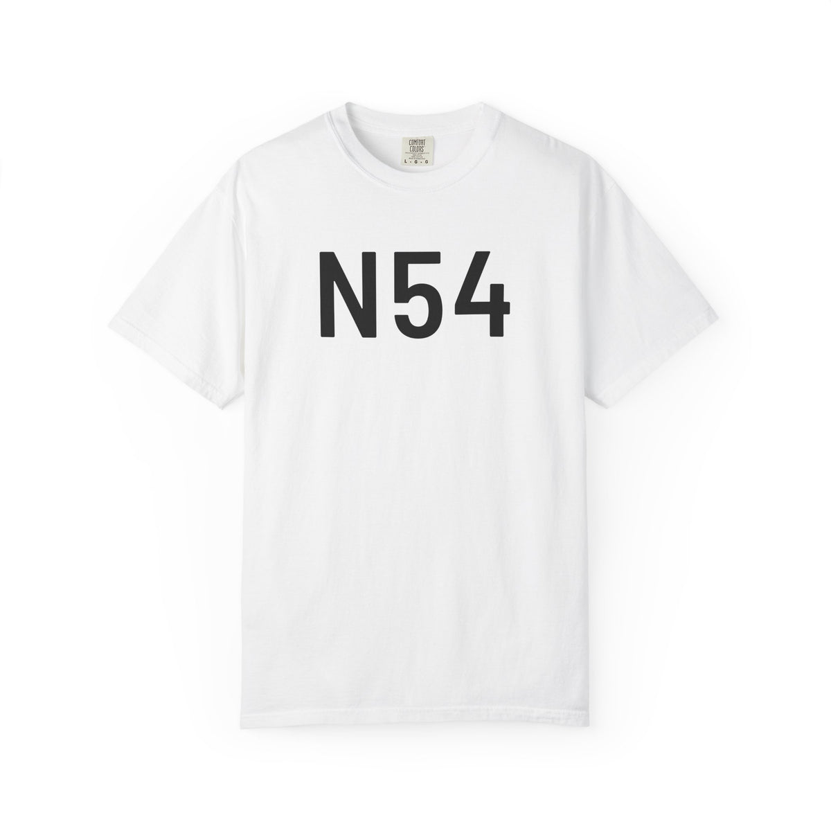White crew-neck T-shirt with bold black “N54” graphic on the front