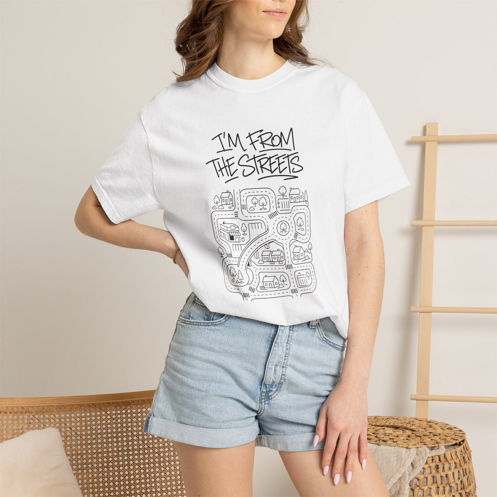 White crewneck graphic T-shirt with "I'm From The Streets" map print