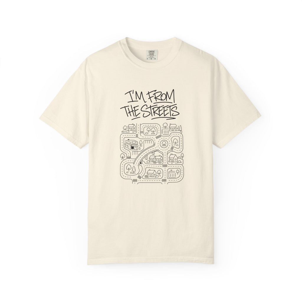 Ivory crewneck graphic T-shirt with "I'm From The Streets" map illustration