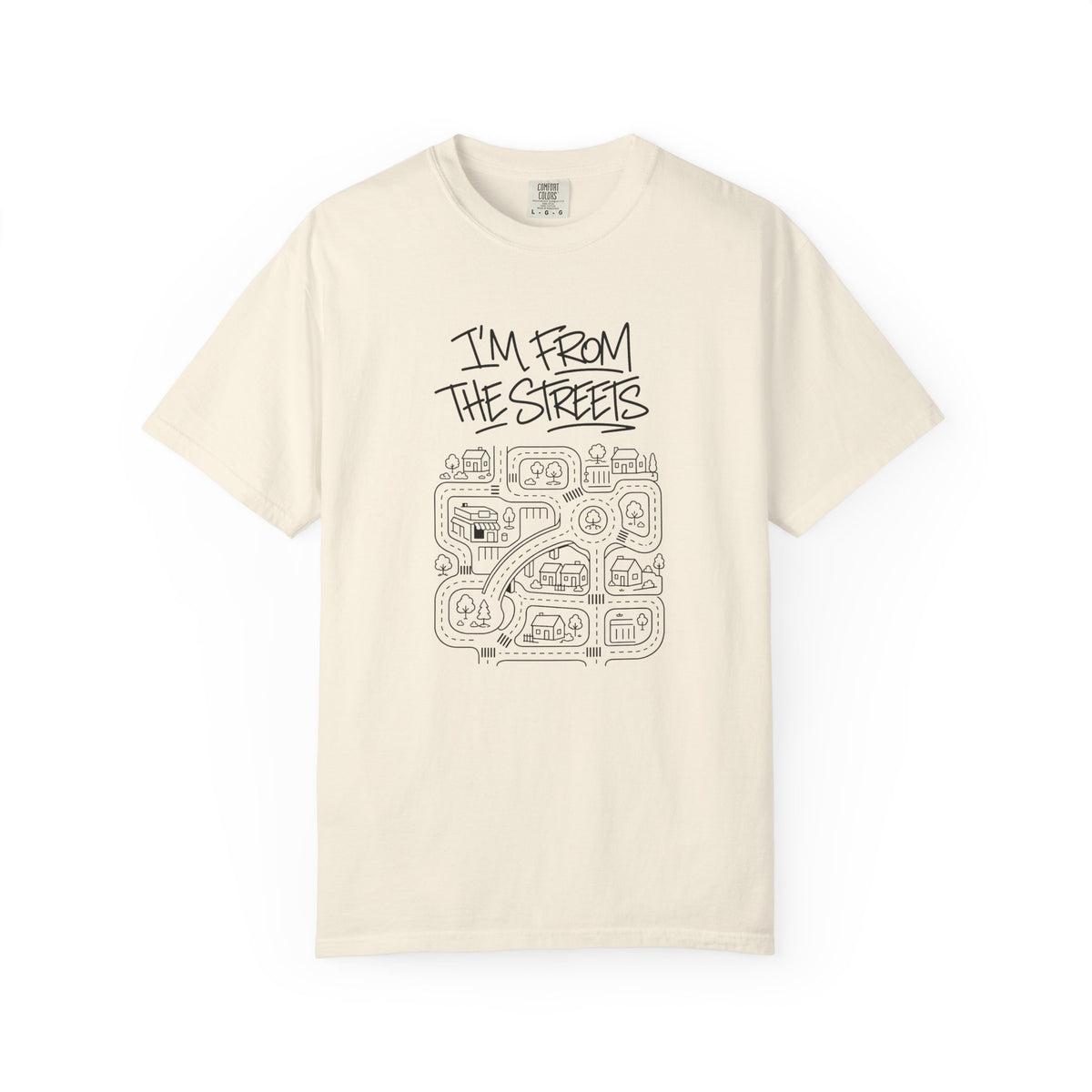 Ivory crewneck graphic T-shirt with "I'm From The Streets" map illustration