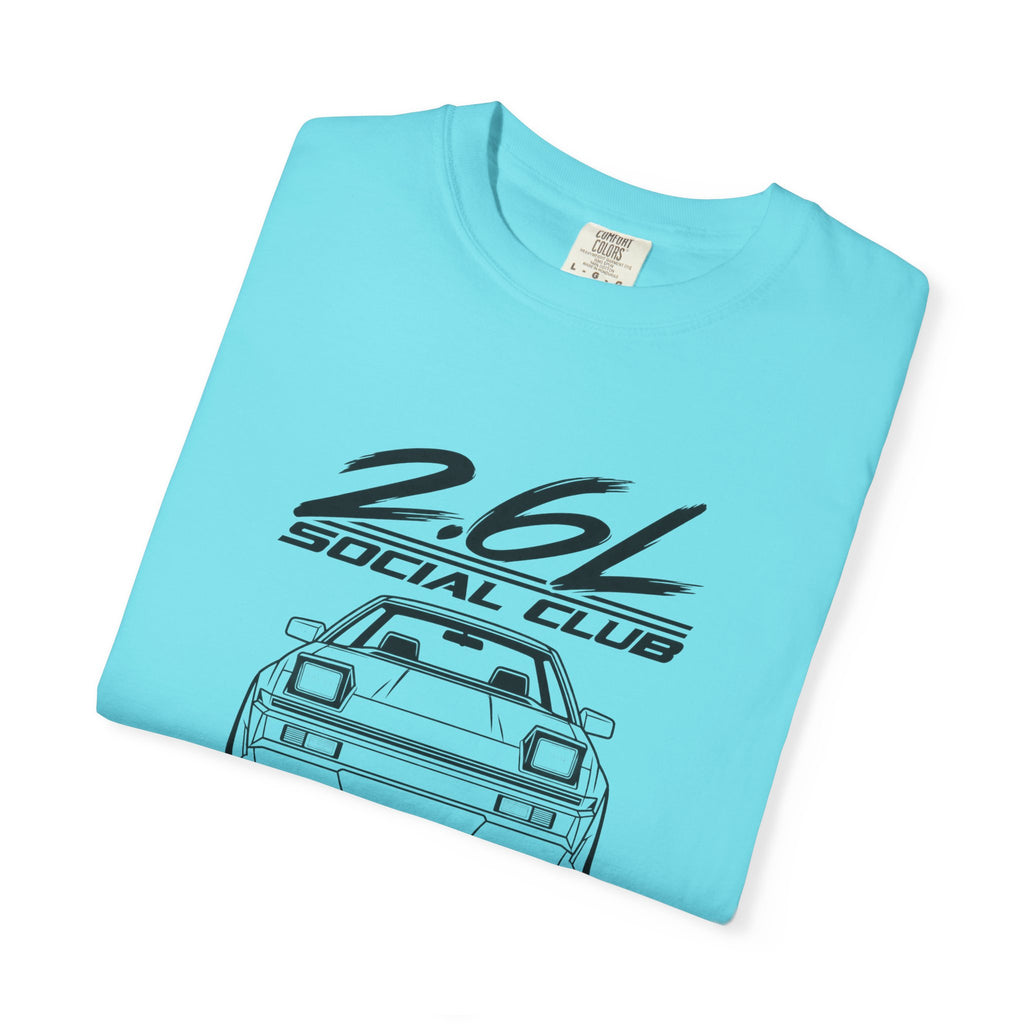 Lagoon blue JDM T-shirt with large 2.6L Social Club car logo graphic