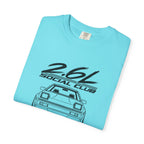 Lagoon blue JDM T-shirt with large 2.6L Social Club car logo graphic