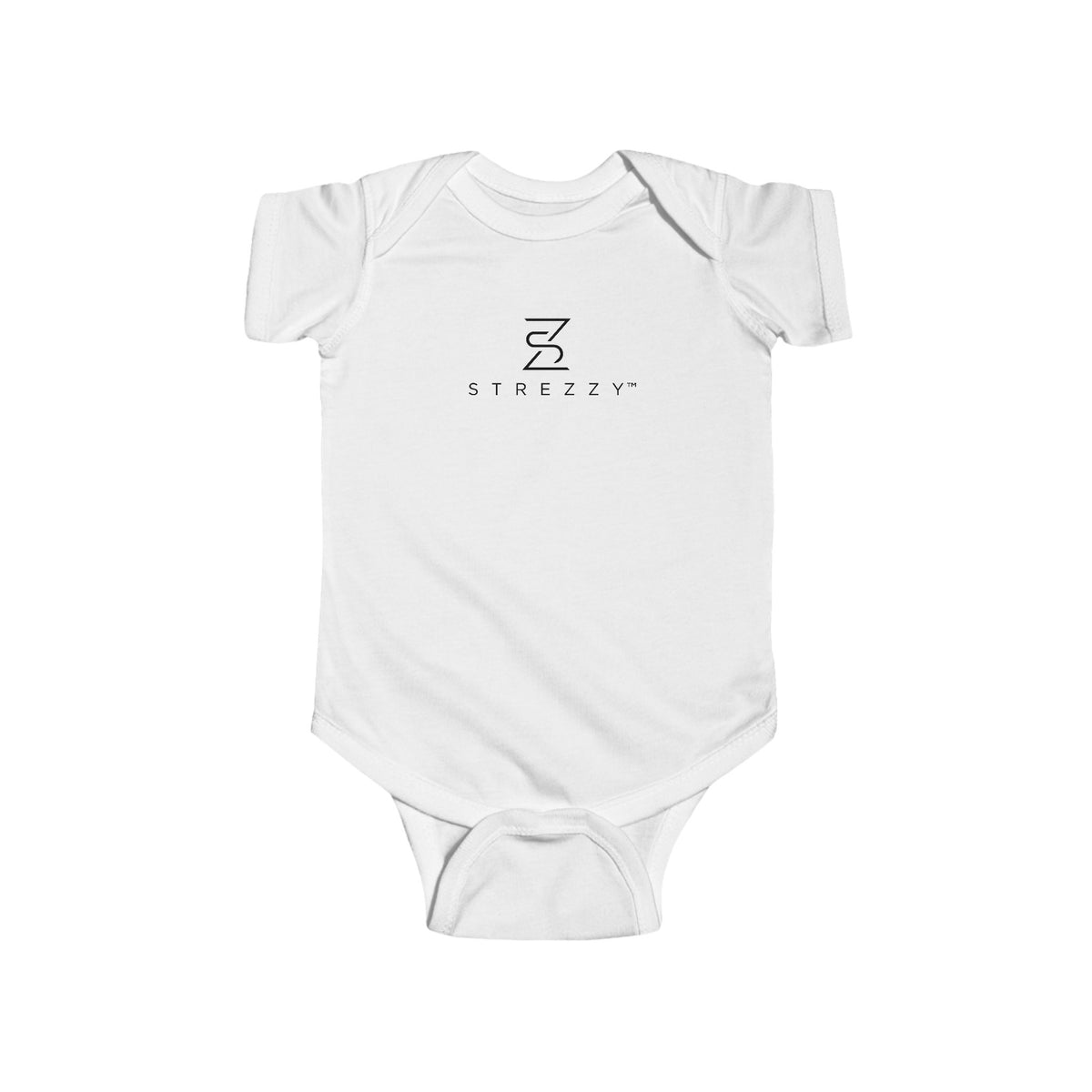 White short-sleeve baby bodysuit with Strezzy logo on chest