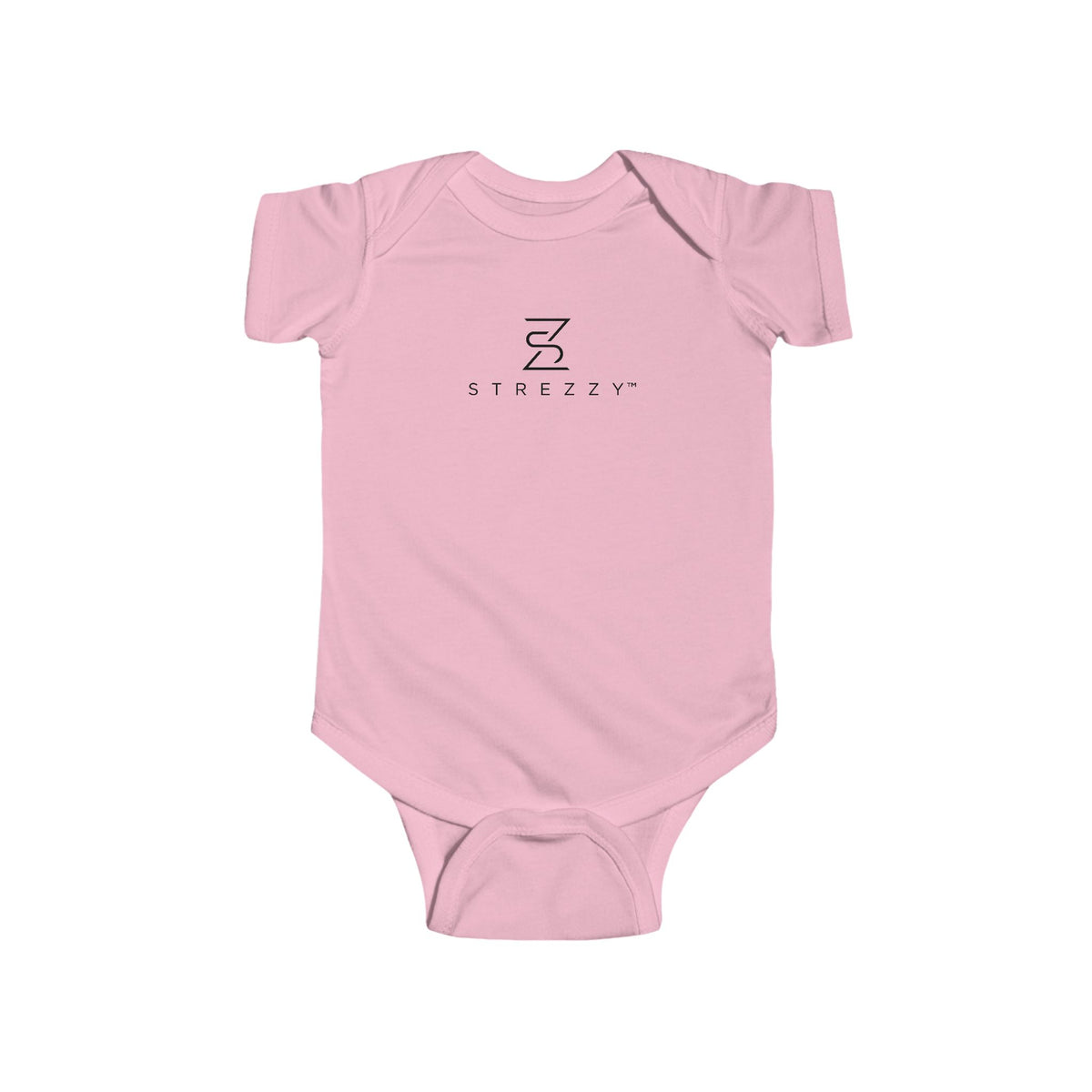 Pink short-sleeve baby bodysuit with Strezzy logo on chest