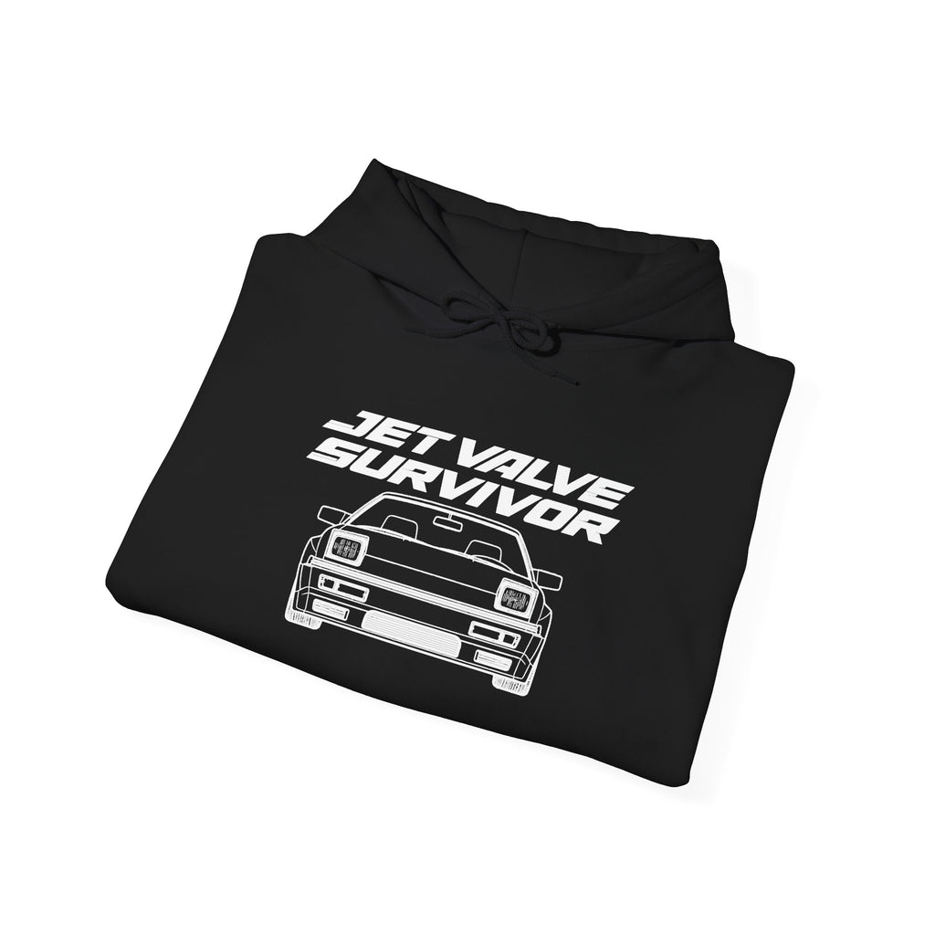 Black pullover hoodie with drawstring hood and front car graphic