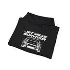 Black pullover hoodie with drawstring hood and front car graphic
