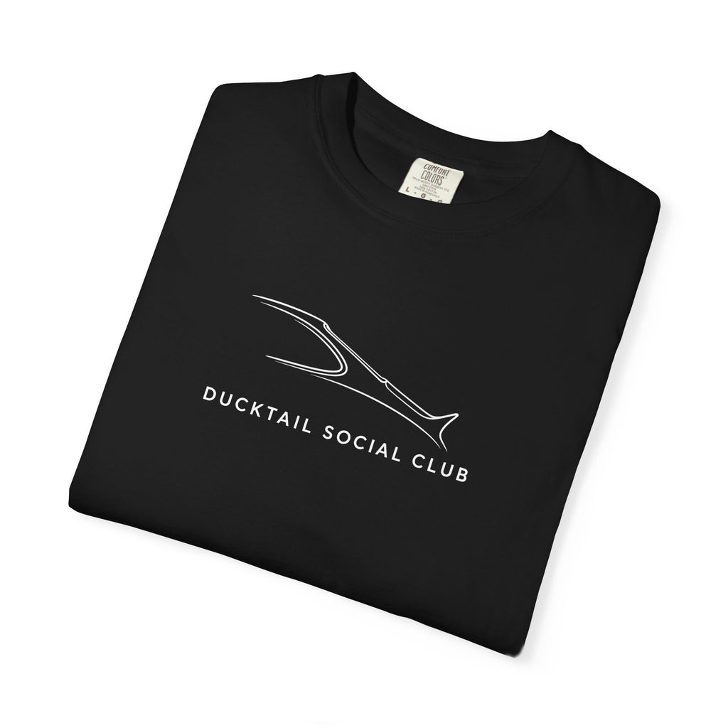 Black crew-neck T-shirt with large fish logo and “Ducktail Social Club” text