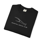 Black crew-neck T-shirt with large fish logo and “Ducktail Social Club” text