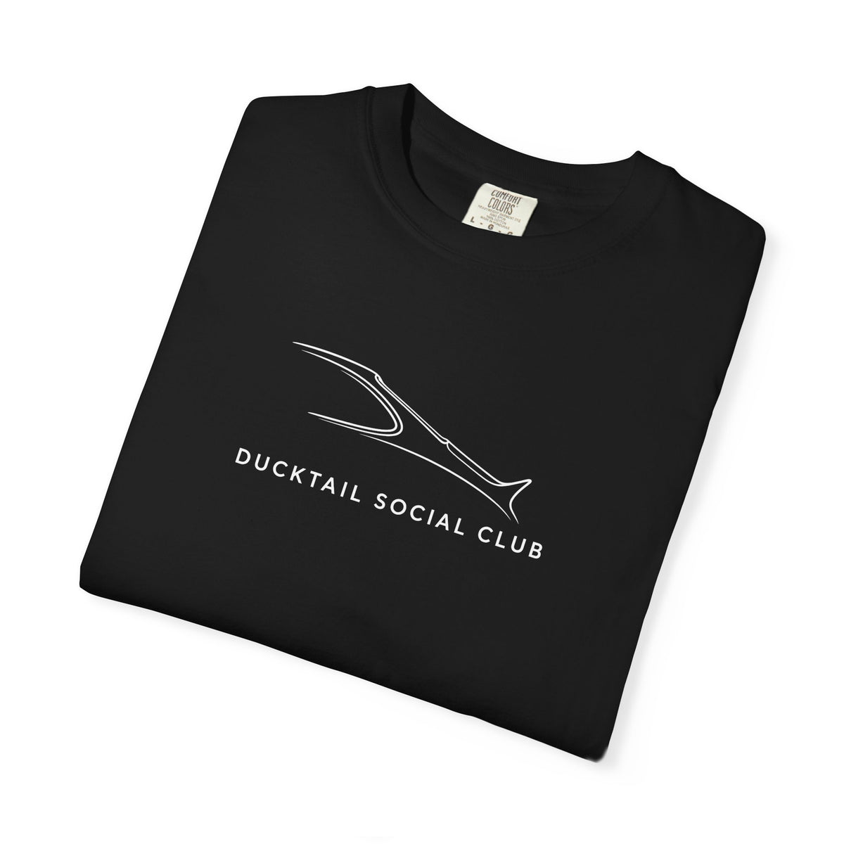 Black crew-neck T-shirt with large fish logo and “Ducktail Social Club” text