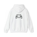 White pullover hoodie with back car graphic and small logo text, drawstring hood