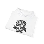 White hoodie flat lay with chest slogan graphic and drawstring hood.