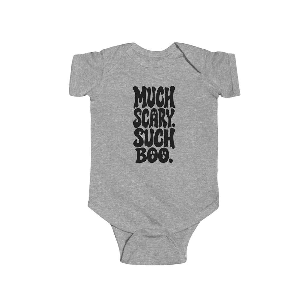 Heather gray baby bodysuit with short sleeves and “Much Scary. Such Boo.” front graphic.