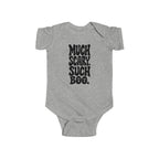Heather gray baby bodysuit with short sleeves and “Much Scary. Such Boo.” front graphic.
