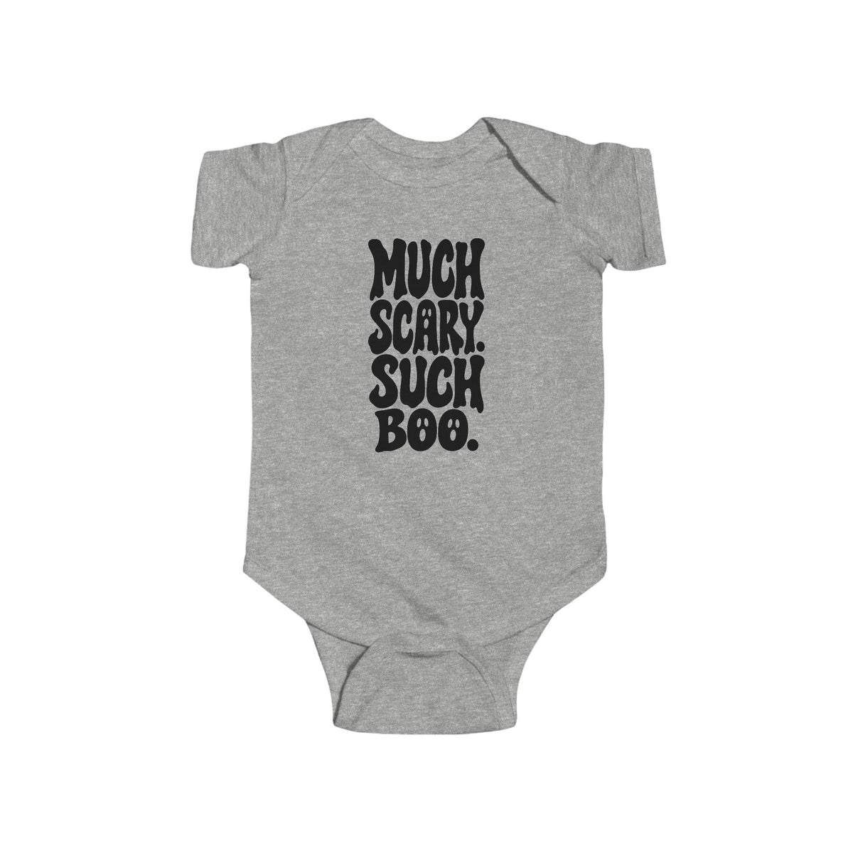 Heather gray baby bodysuit with short sleeves and “Much Scary. Such Boo.” front graphic.