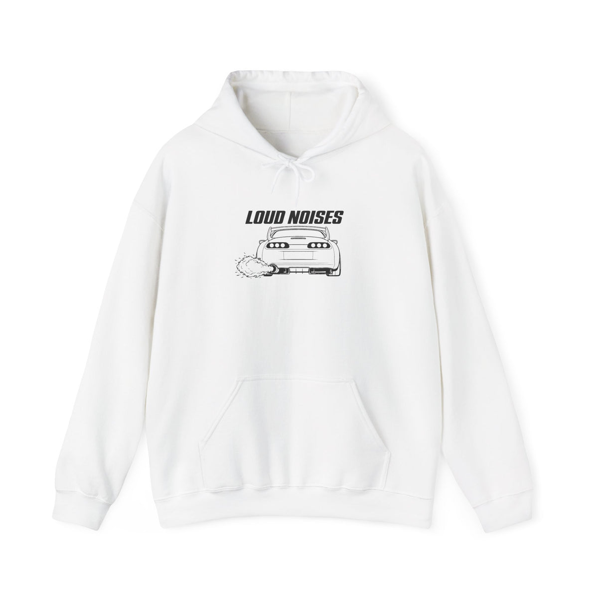White pullover hoodie with front graphic and white drawstring hood