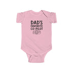 Pink baby bodysuit with 'Dad's Favorite Co-Pilot' graphic on front
