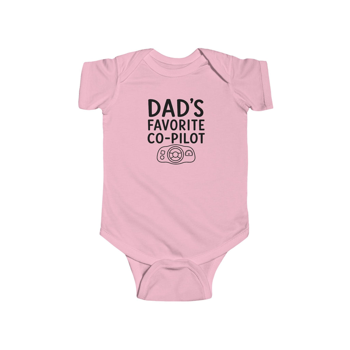 Pink baby bodysuit with 'Dad's Favorite Co-Pilot' graphic on front