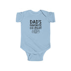 Light blue baby bodysuit with 'Dad's Favorite Co-Pilot' graphic on front