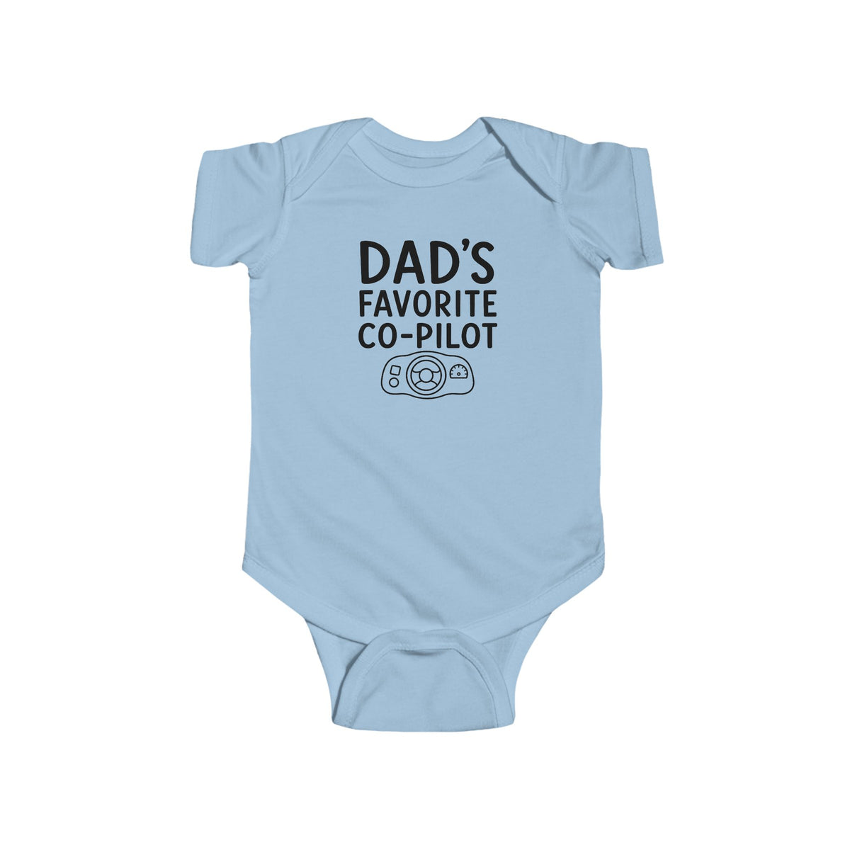 Light blue baby bodysuit with 'Dad's Favorite Co-Pilot' graphic on front