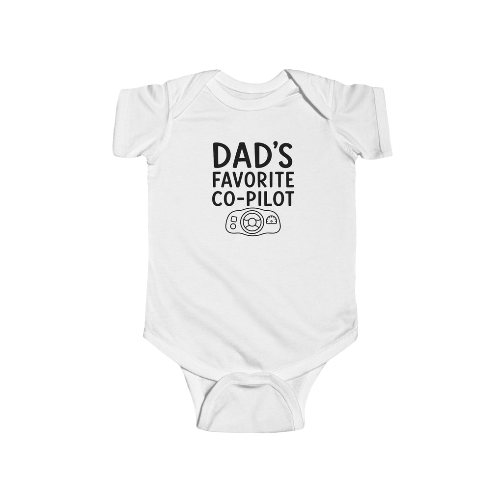 White baby bodysuit with 'Dad's Favorite Co-Pilot' graphic on front