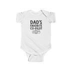 White baby bodysuit with 'Dad's Favorite Co-Pilot' graphic on front