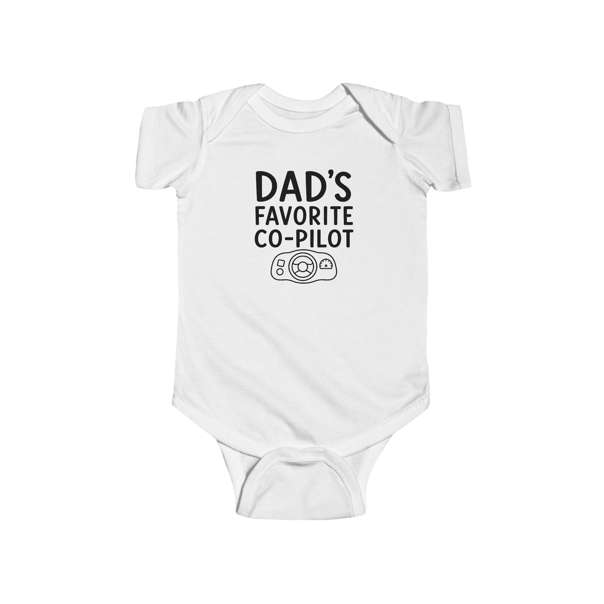 White baby bodysuit with 'Dad's Favorite Co-Pilot' graphic on front