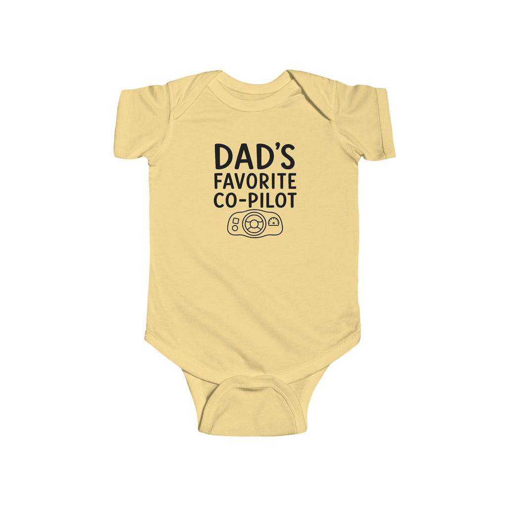 Butter yellow baby bodysuit with 'Dad's Favorite Co-Pilot' graphic on front