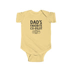 Butter yellow baby bodysuit with 'Dad's Favorite Co-Pilot' graphic on front