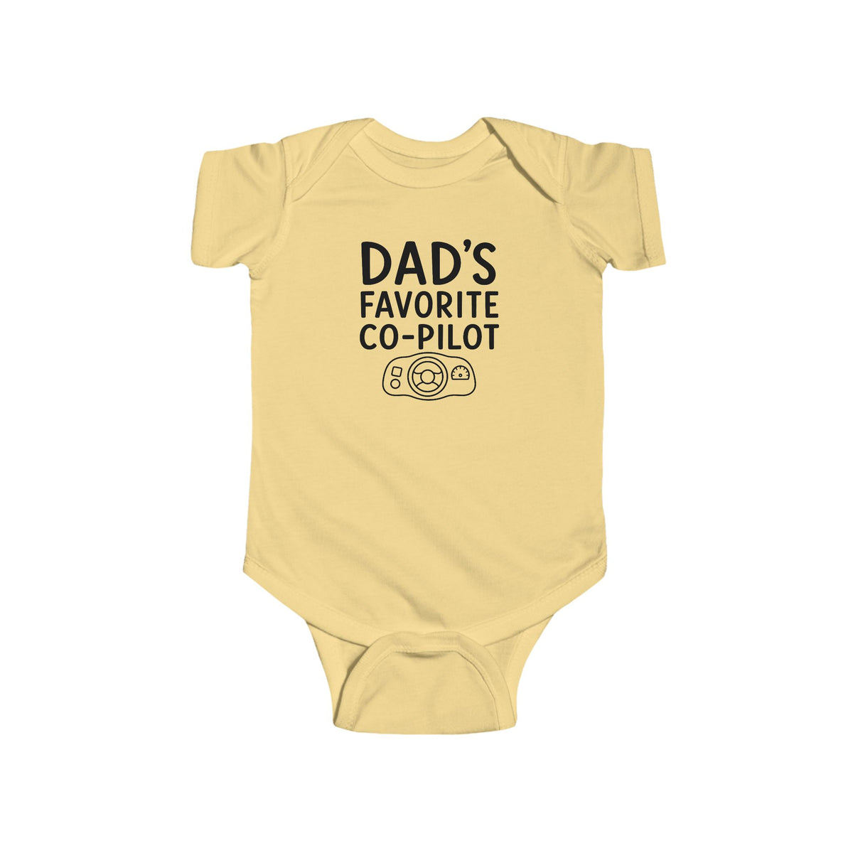 Butter yellow baby bodysuit with 'Dad's Favorite Co-Pilot' graphic on front