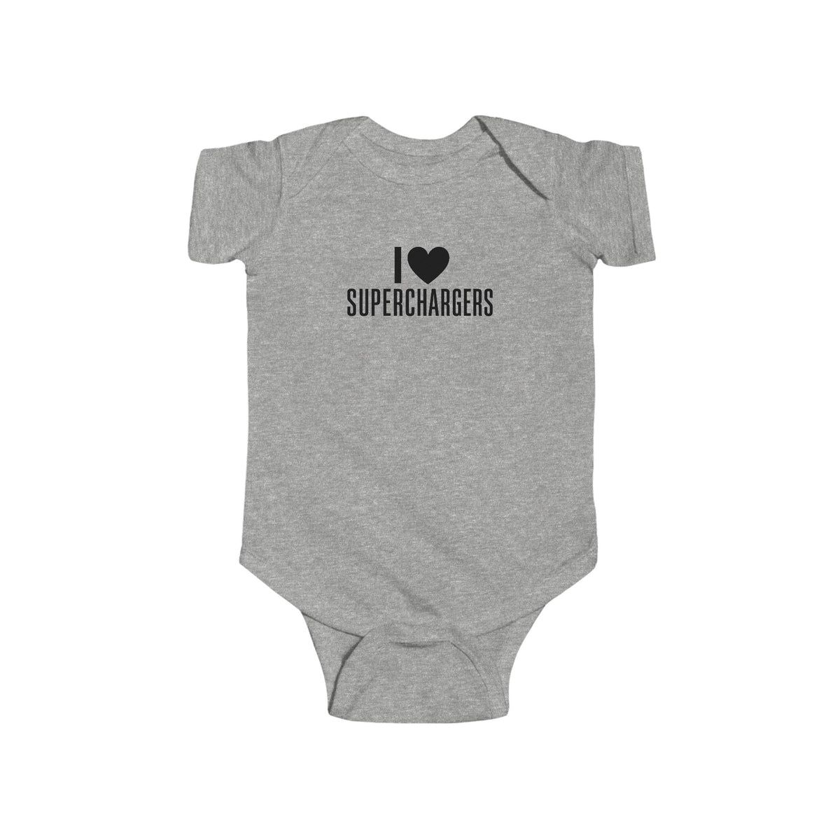 Heather gray baby bodysuit with black “Superchargers” heart logo on the chest