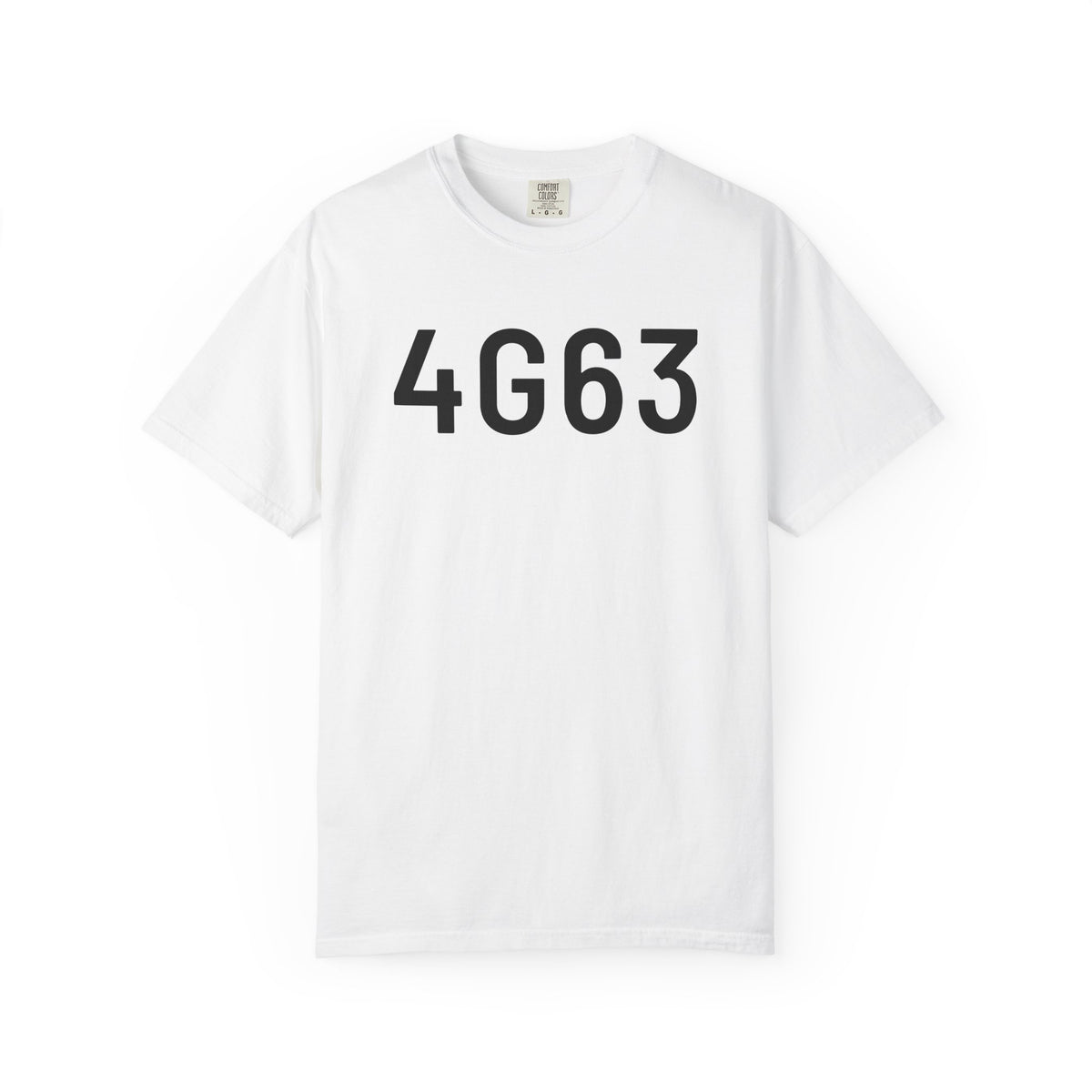 White crew-neck t-shirt with black 4G63 graphic on the chest