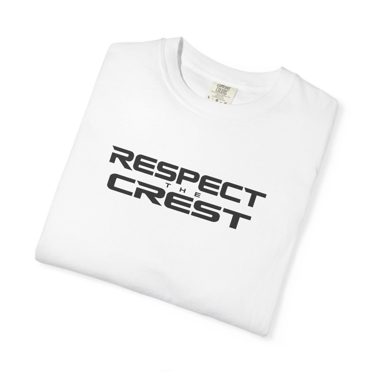 White crewneck T-shirt folded flat, "RESPECT CREST" logo graphic on front