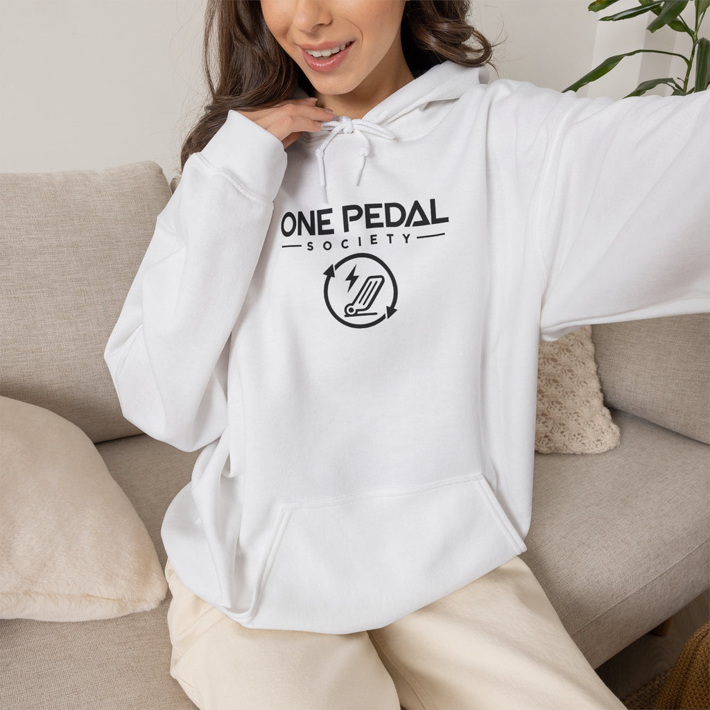 White EV hoodie on person, front logo graphic with drawstring hood and pocket