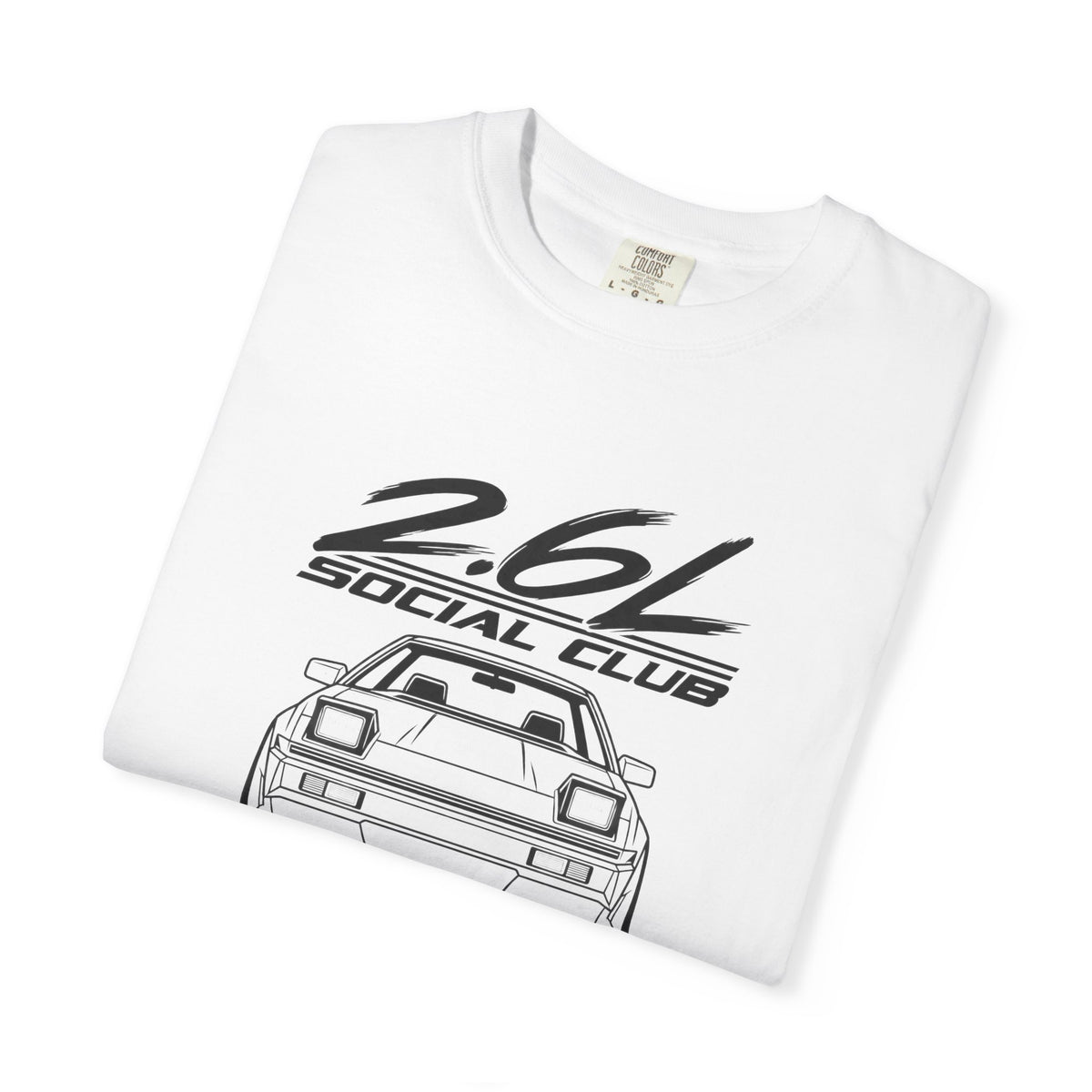 White crew-neck tee with 2.6L Social Club car graphic