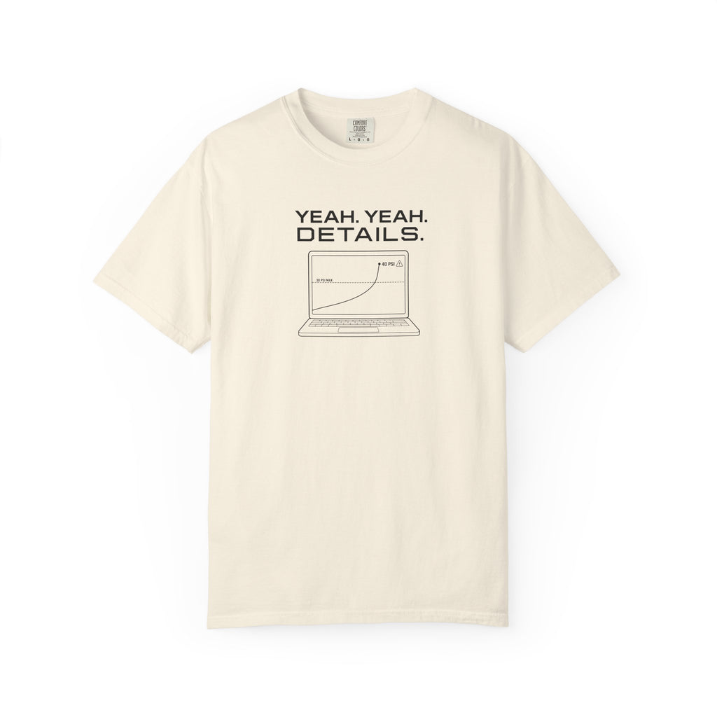 Ivory crew-neck T-shirt with front graphic text and laptop line-art illustration.