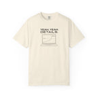 Ivory crew-neck T-shirt with front graphic text and laptop line-art illustration.