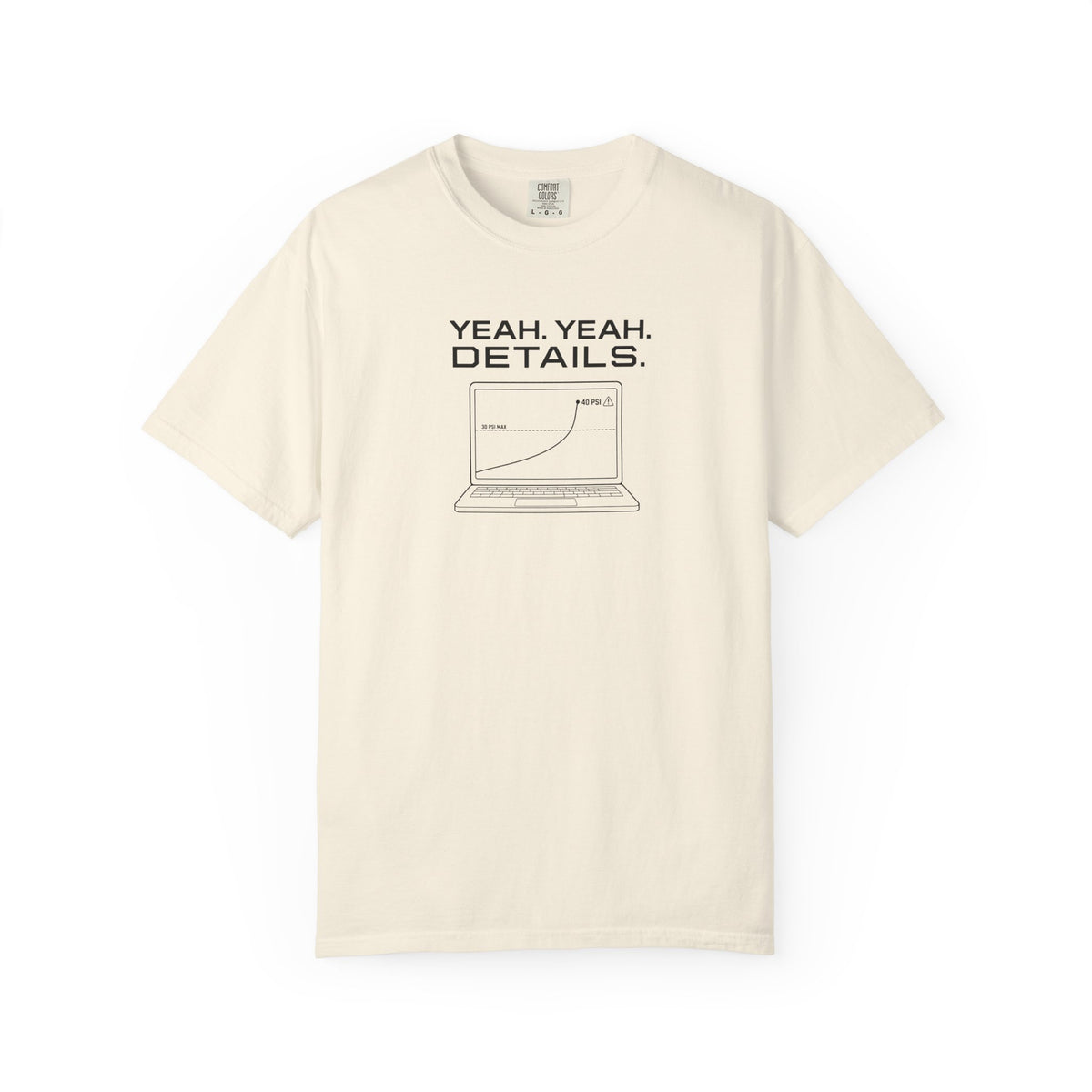 Ivory crew-neck T-shirt with front graphic text and laptop line-art illustration.
