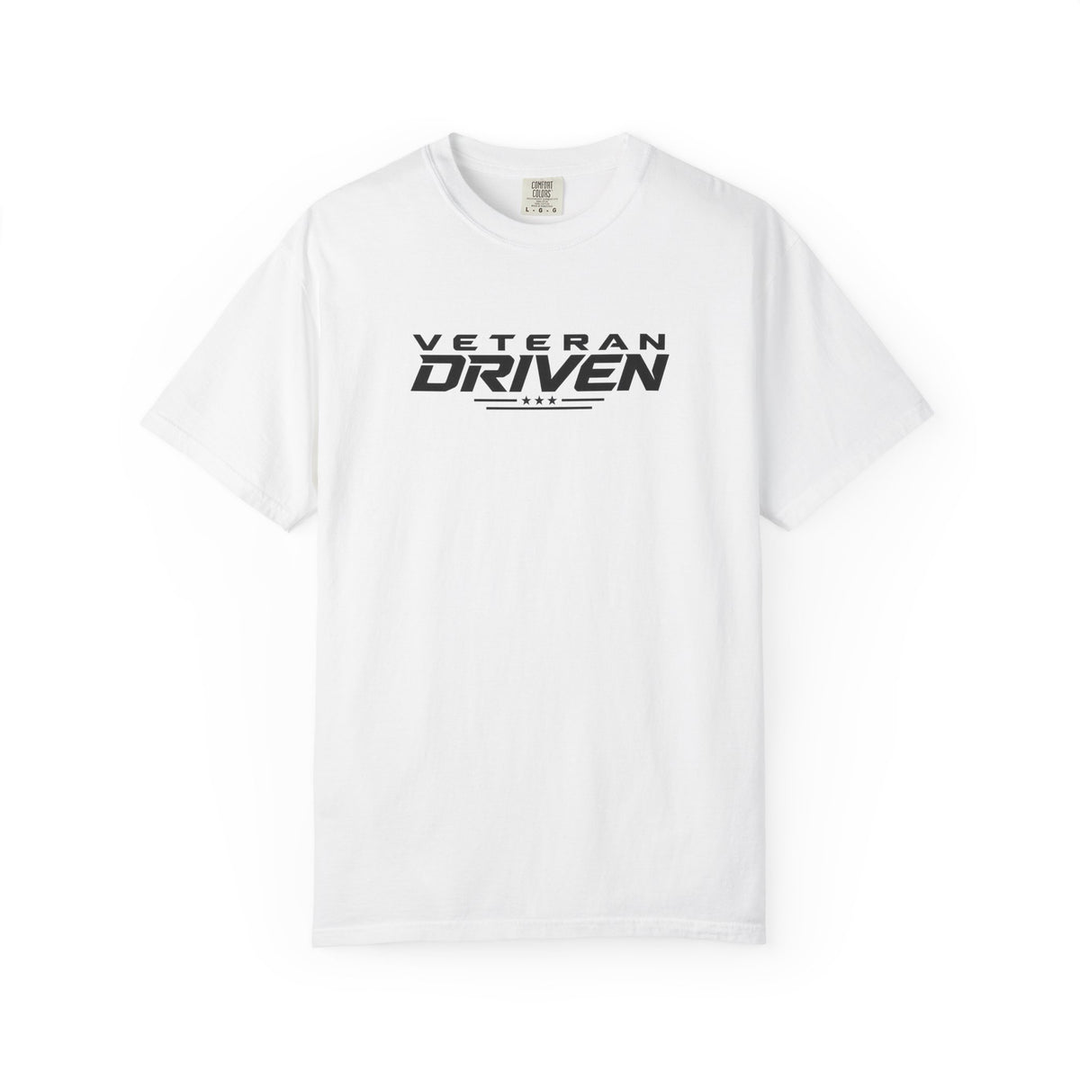 White crew-neck T-shirt with front "VETERAN DRIVEN" graphic