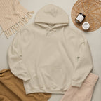 Cream pullover hoodie with front pocket and drawstring hood, long sleeves