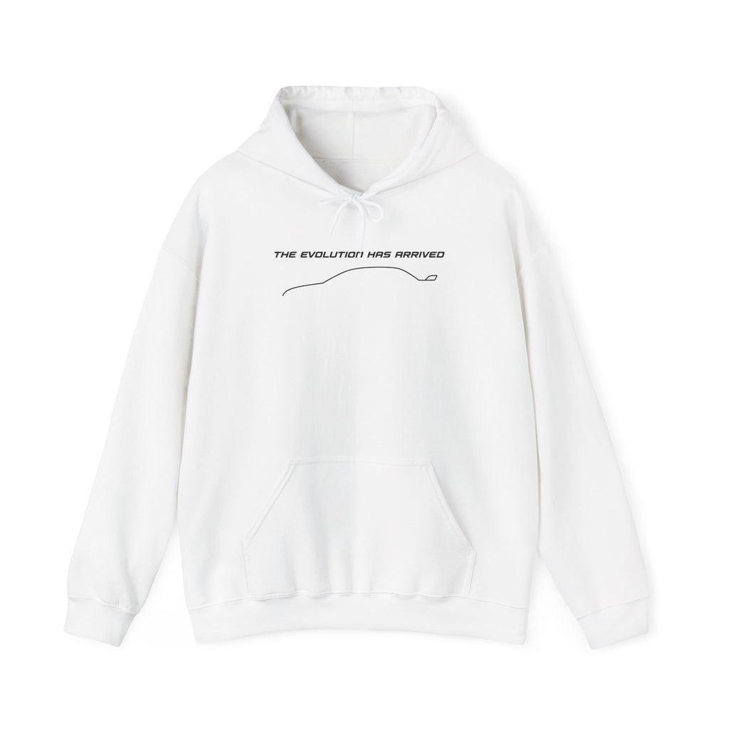 White pullover hoodie with hood and drawstrings, kangaroo pocket, front logo graphic.