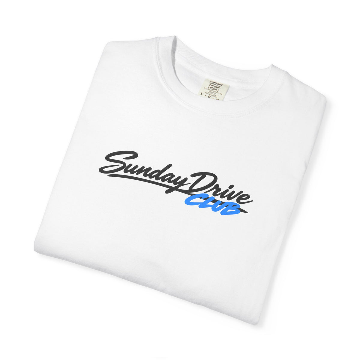 White T-shirt close-up with “Sunday Drive Club” logo print