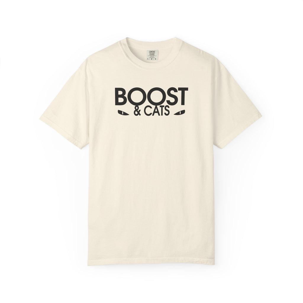 Ivory T-shirt with black “BOOST & CATS” graphic on the chest