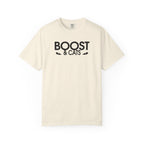 Ivory T-shirt with black “BOOST & CATS” graphic on the chest
