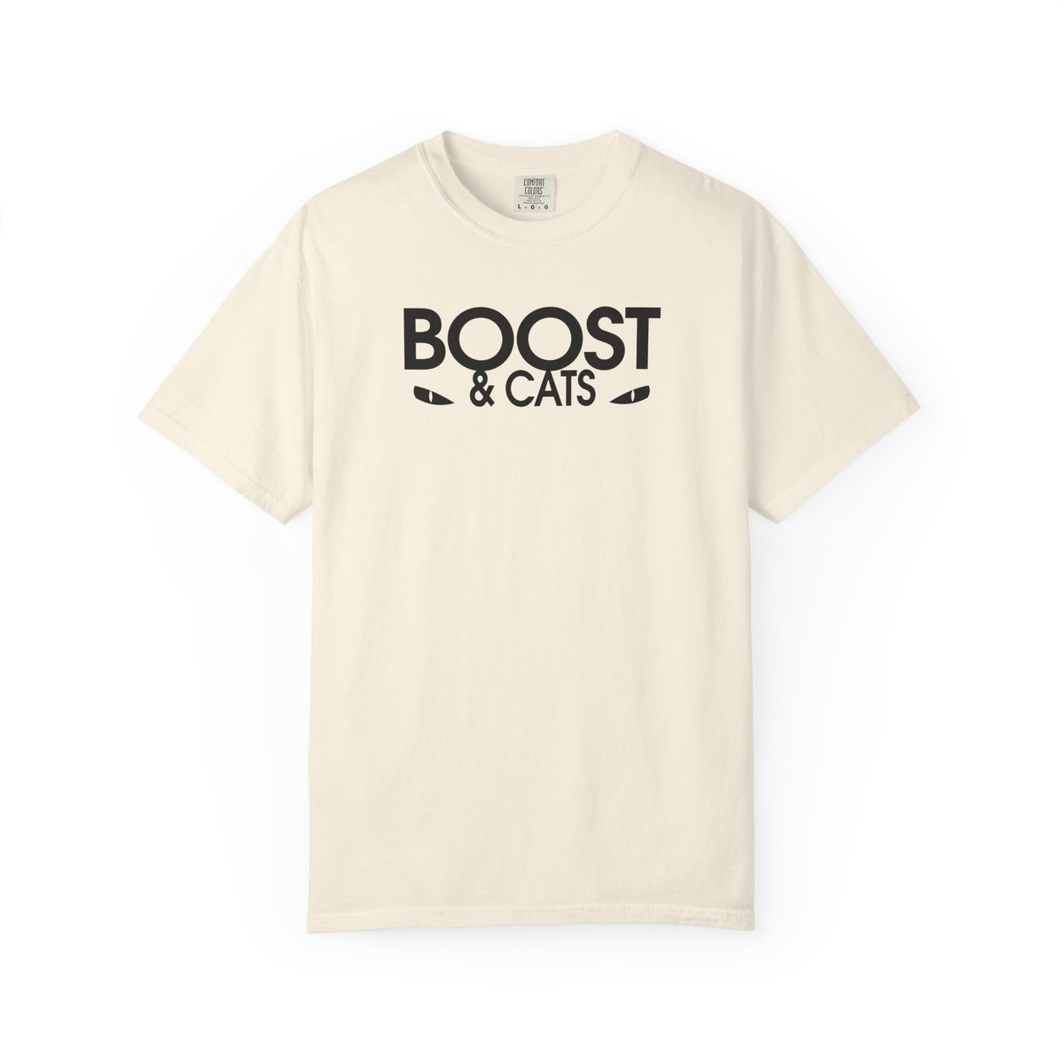 Ivory T-shirt with black “BOOST & CATS” graphic on the chest