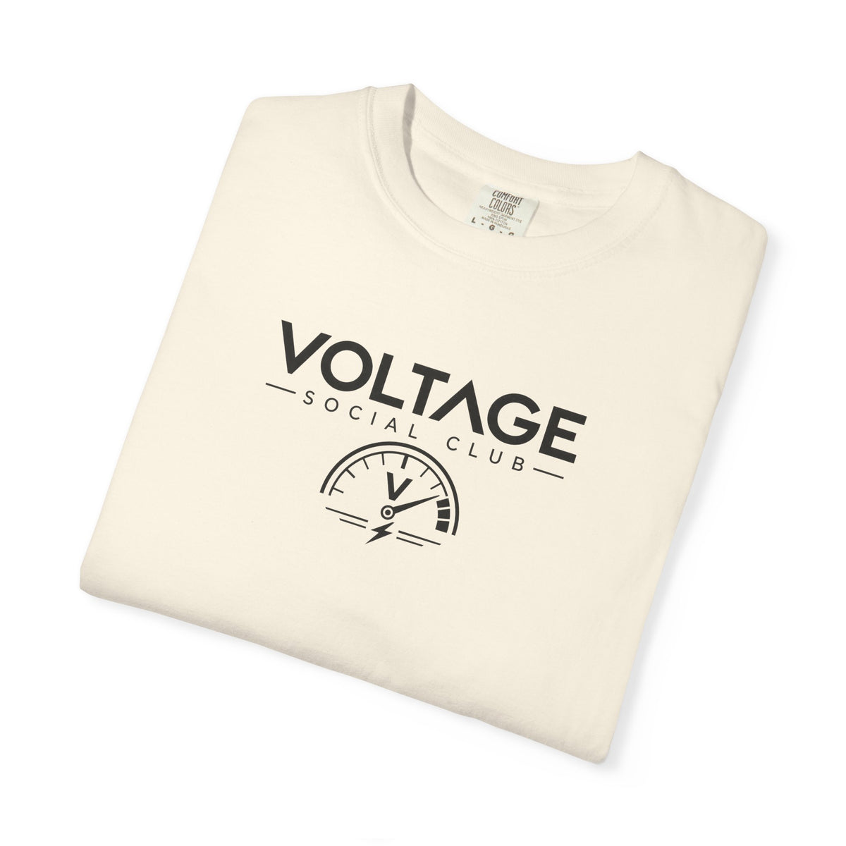 Ivory crew-neck T-shirt with large “VOLTAGE SOCIAL CLUB” graphic on the chest