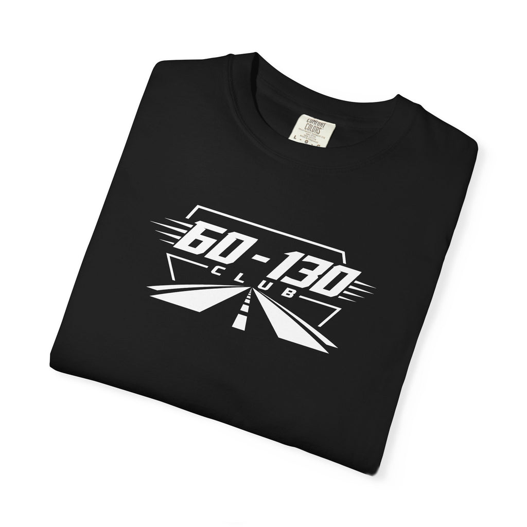 Black crew-neck T-shirt with bold '60-130 Club' logo on chest.