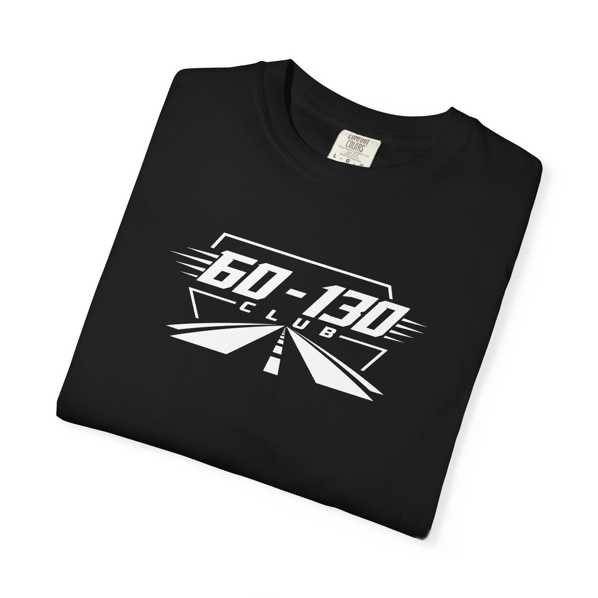 Black crew-neck T-shirt with bold '60-130 Club' logo on chest.