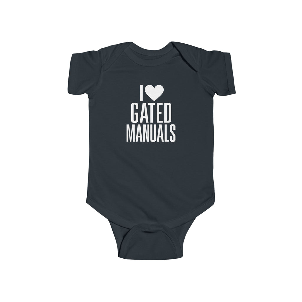 Black baby bodysuit with 'I ♥ Gated Manuals' graphic on front