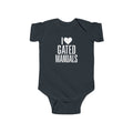 Black baby bodysuit with 'I ♥ Gated Manuals' graphic on front