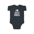 Black baby bodysuit with 'I ♥ Gated Manuals' graphic on front